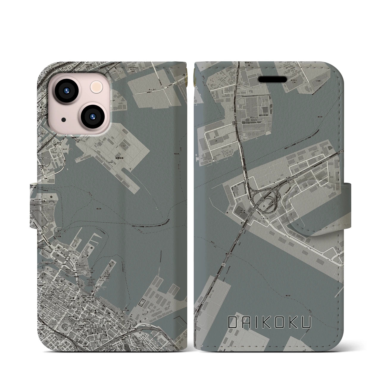 【大黒(神奈川県)】地図柄iPhoneケース(手帳タイプ)モノトーン・iPhone 13 mini 用