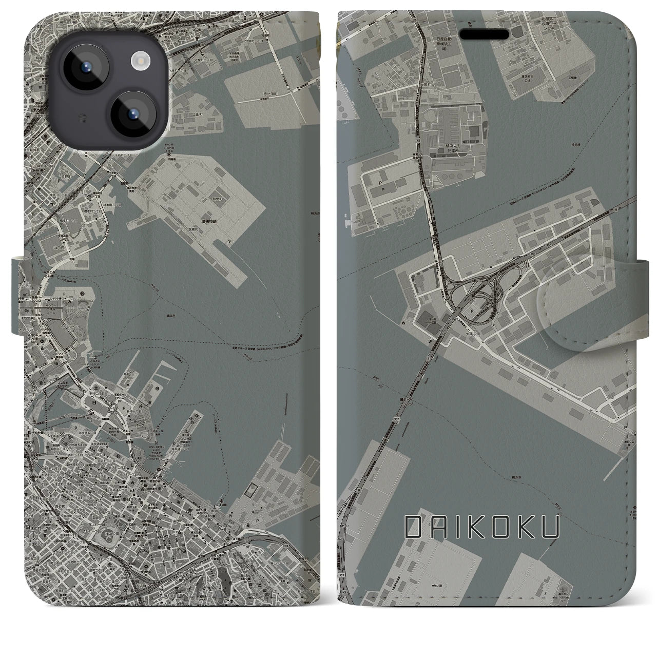 【大黒(神奈川県)】地図柄iPhoneケース(手帳タイプ)モノトーン・iPhone 14 Plus 用