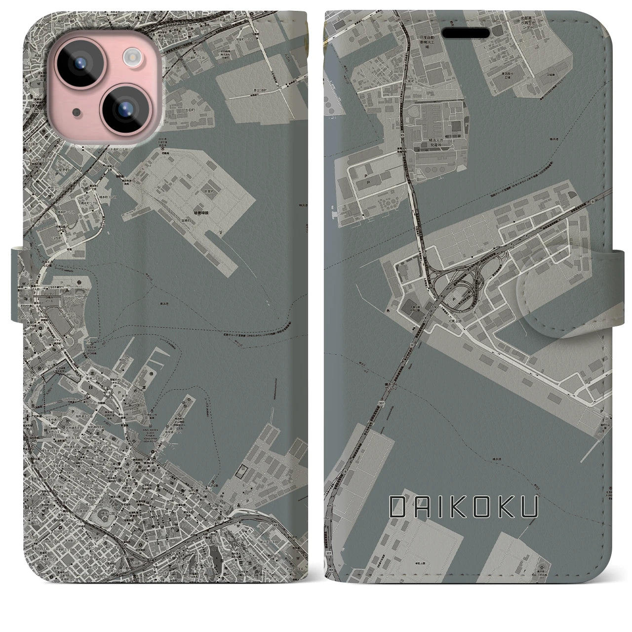 【大黒(神奈川県)】地図柄iPhoneケース(手帳タイプ)モノトーン・iPhone 15 Plus 用