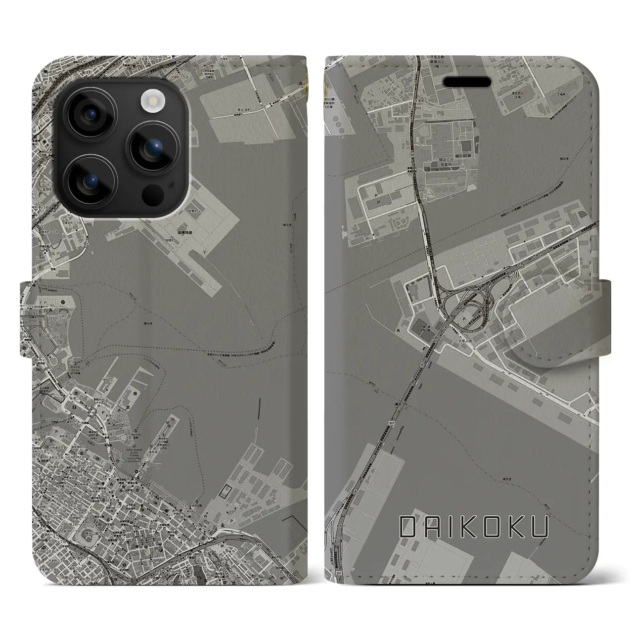 【大黒(神奈川県)】地図柄iPhoneケース(手帳タイプ)モノトーン・iPhone 16 用