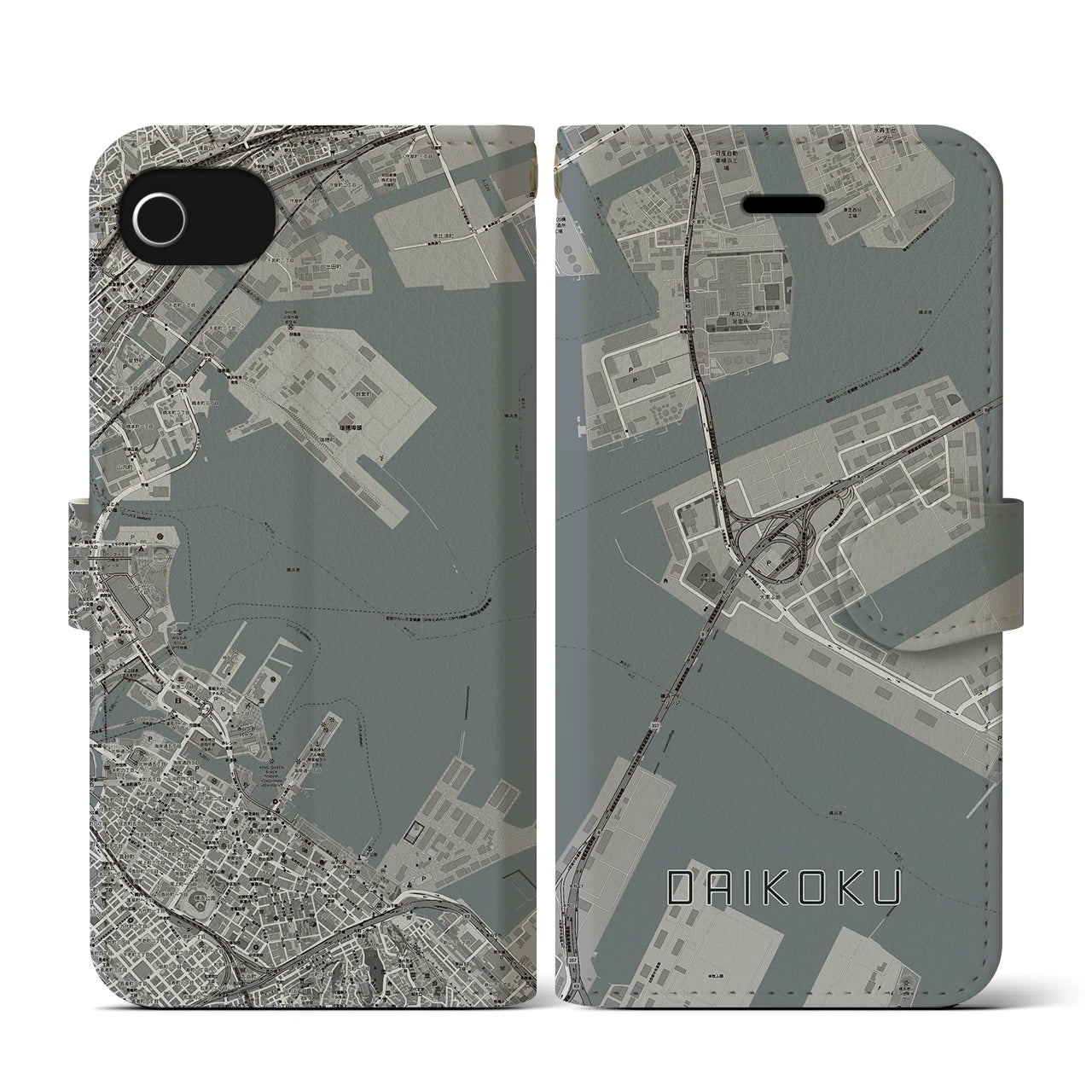 【大黒(神奈川県)】地図柄iPhoneケース(手帳タイプ)モノトーン・iPhone SE(第3 / 第2世代) / 8 / 7 / 6s / 6 用