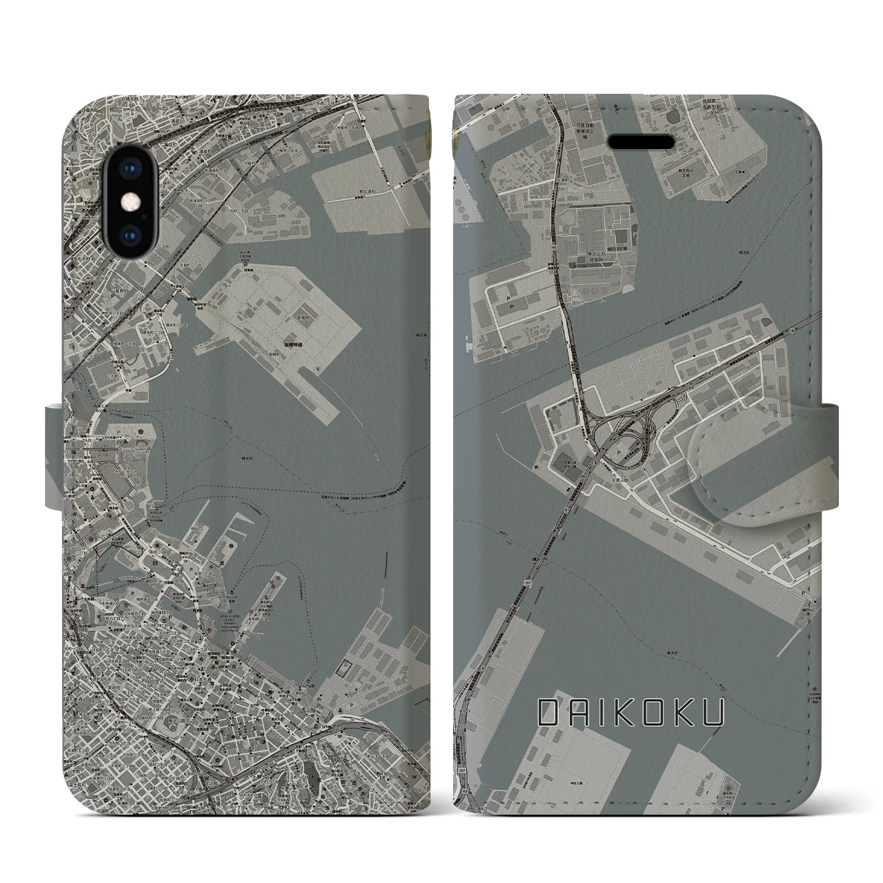 【大黒(神奈川県)】地図柄iPhoneケース(手帳タイプ)モノトーン・iPhone XS / X 用