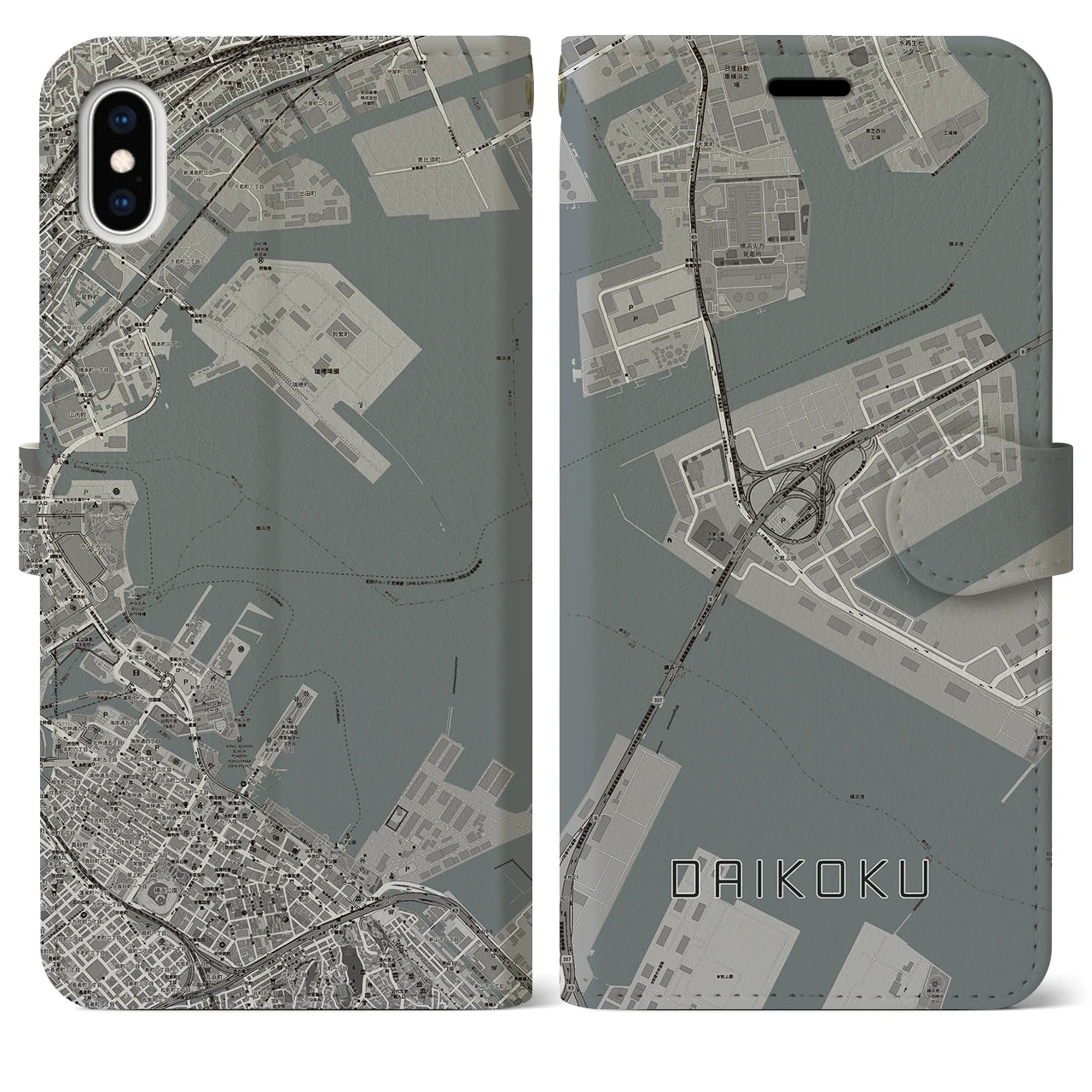 【大黒(神奈川県)】地図柄iPhoneケース(手帳タイプ)モノトーン・iPhone XS Max 用