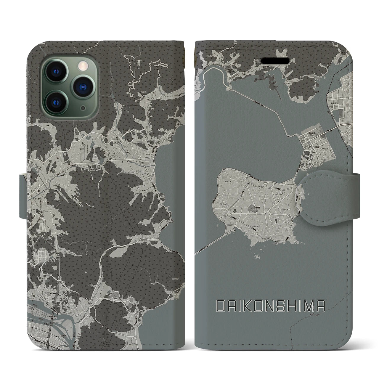 【大根島(島根県)】地図柄iPhoneケース(手帳タイプ)モノトーン・iPhone 11 Pro 用