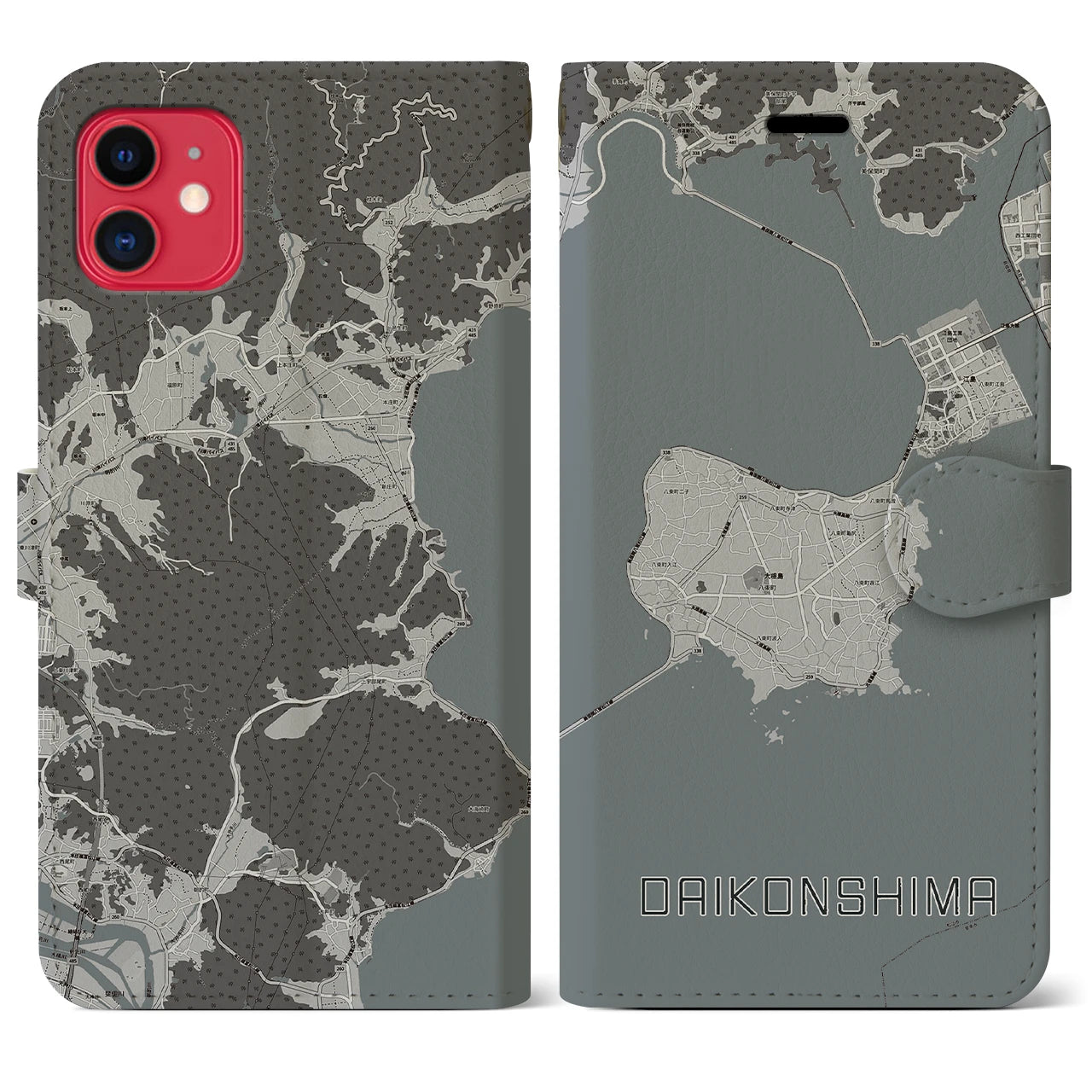 【大根島(島根県)】地図柄iPhoneケース(手帳タイプ)モノトーン・iPhone 11 用