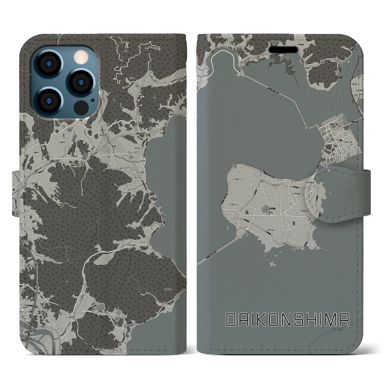 【大根島(島根県)】地図柄iPhoneケース(手帳タイプ)モノトーン・iPhone 12 / 12 Pro 用