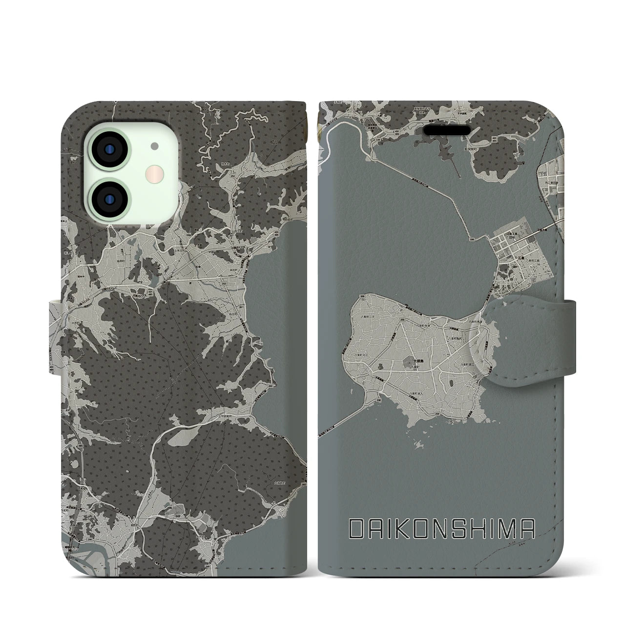 【大根島(島根県)】地図柄iPhoneケース(手帳タイプ)モノトーン・iPhone 12 mini 用