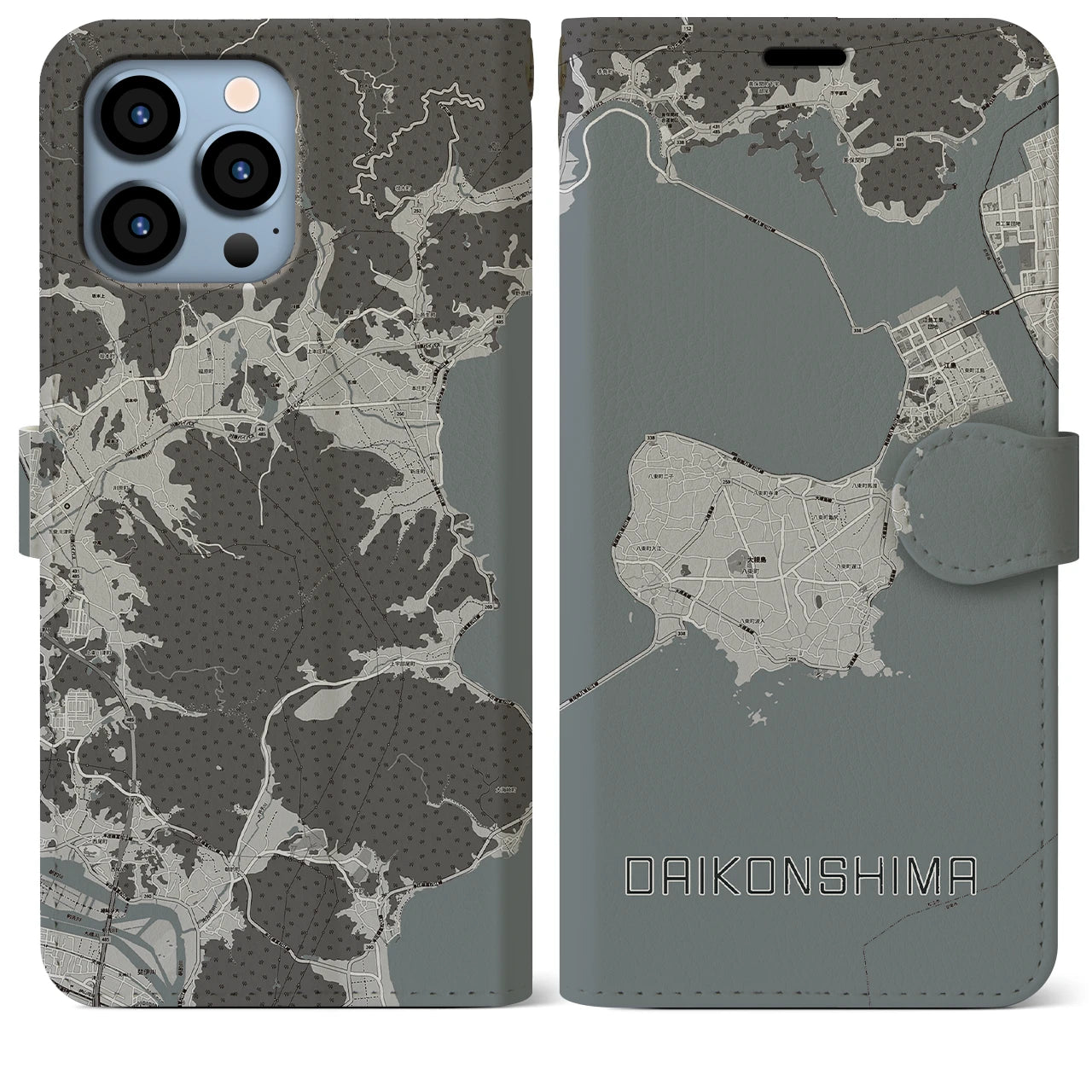 【大根島(島根県)】地図柄iPhoneケース(手帳タイプ)モノトーン・iPhone 13 Pro Max 用