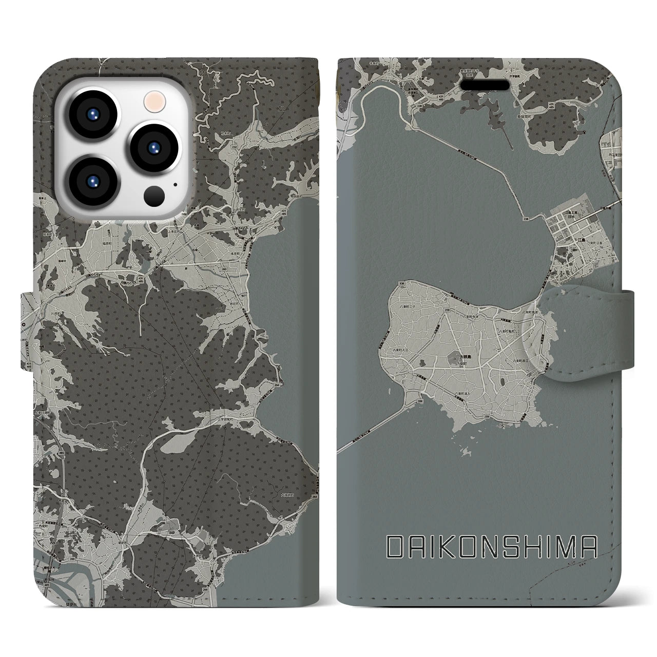 【大根島(島根県)】地図柄iPhoneケース(手帳タイプ)モノトーン・iPhone 13 Pro 用
