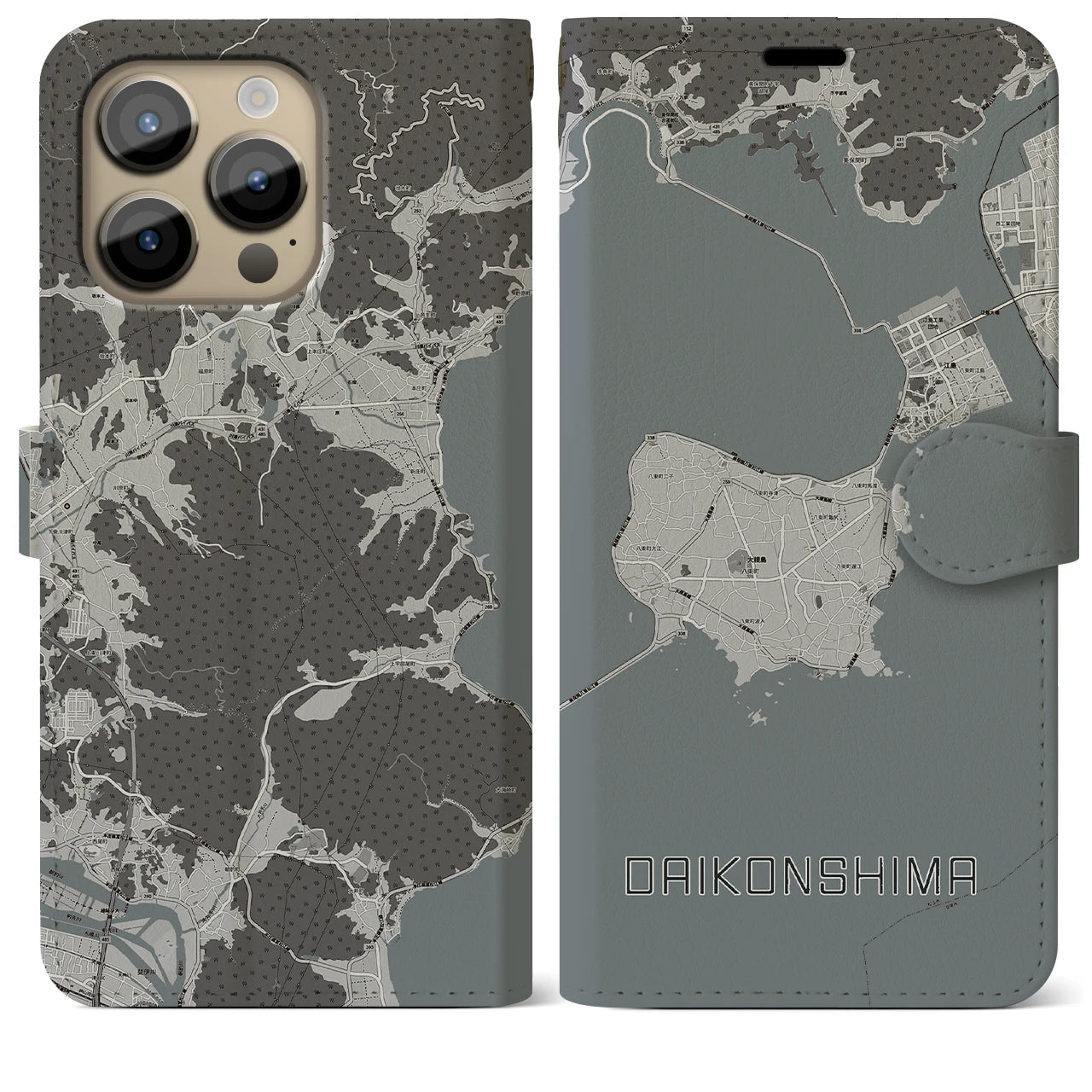【大根島(島根県)】地図柄iPhoneケース(手帳タイプ)モノトーン・iPhone 14 Pro Max 用