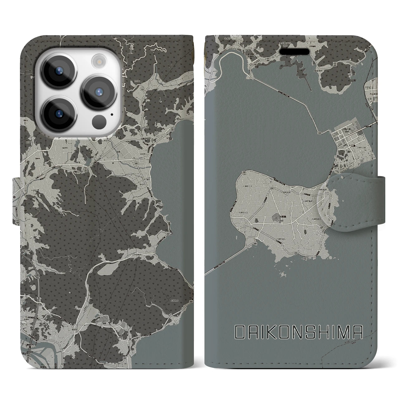【大根島(島根県)】地図柄iPhoneケース(手帳タイプ)モノトーン・iPhone 14 Pro 用
