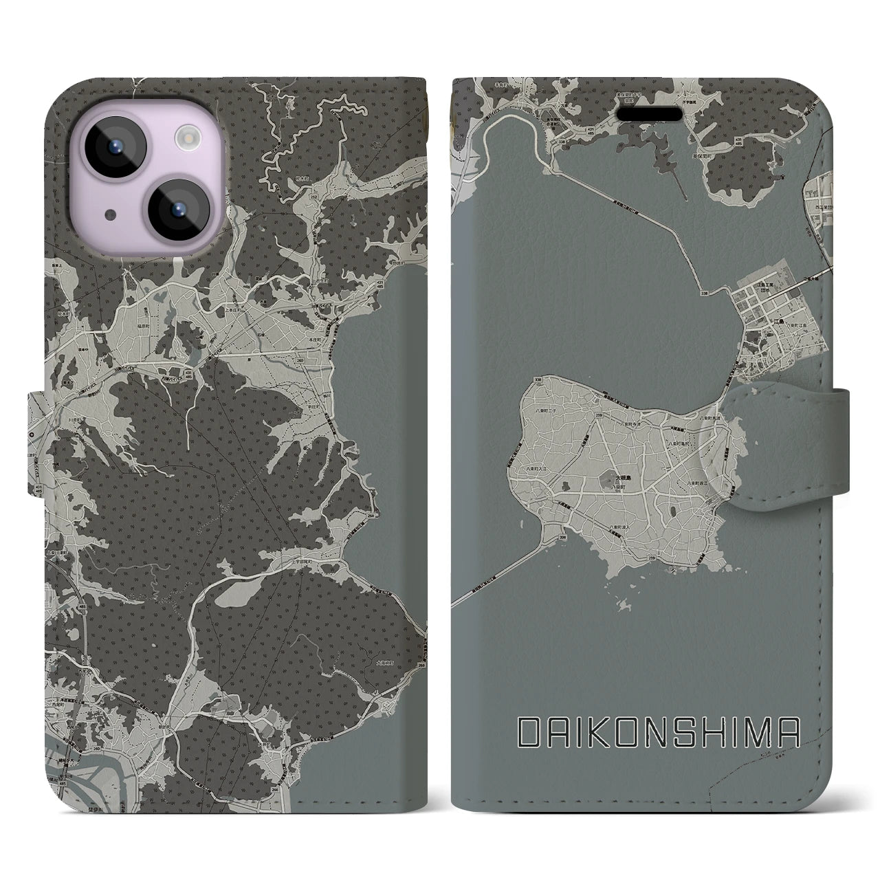 【大根島(島根県)】地図柄iPhoneケース(手帳タイプ)モノトーン・iPhone 14 用