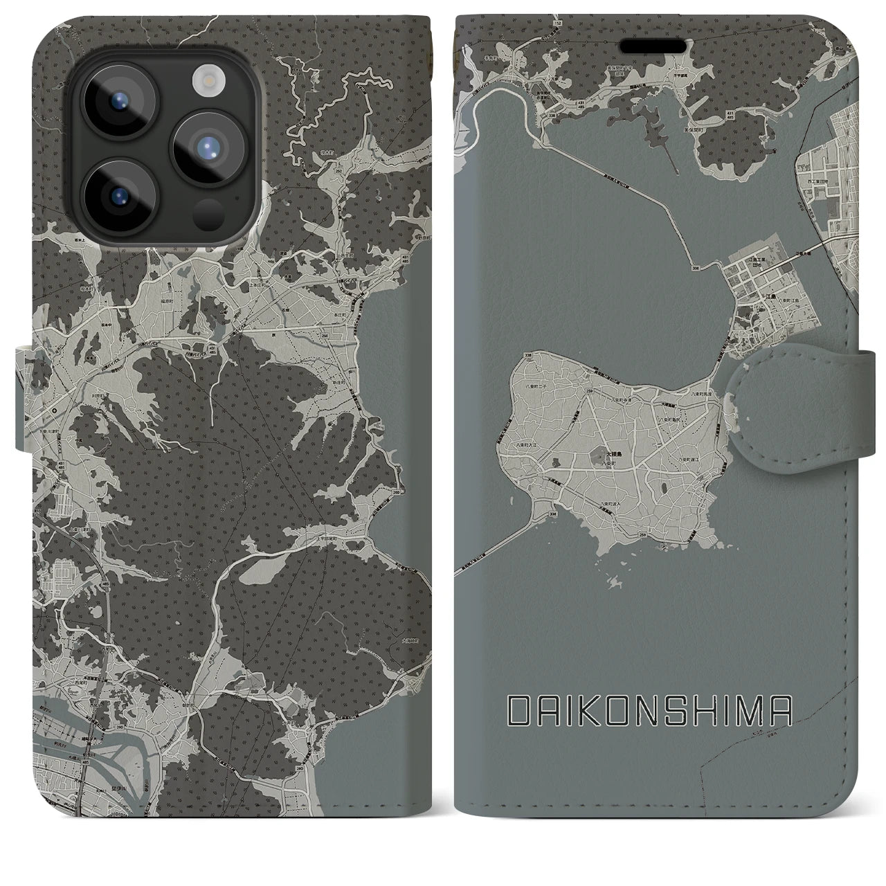【大根島(島根県)】地図柄iPhoneケース(手帳タイプ)モノトーン・iPhone 15 Pro Max 用