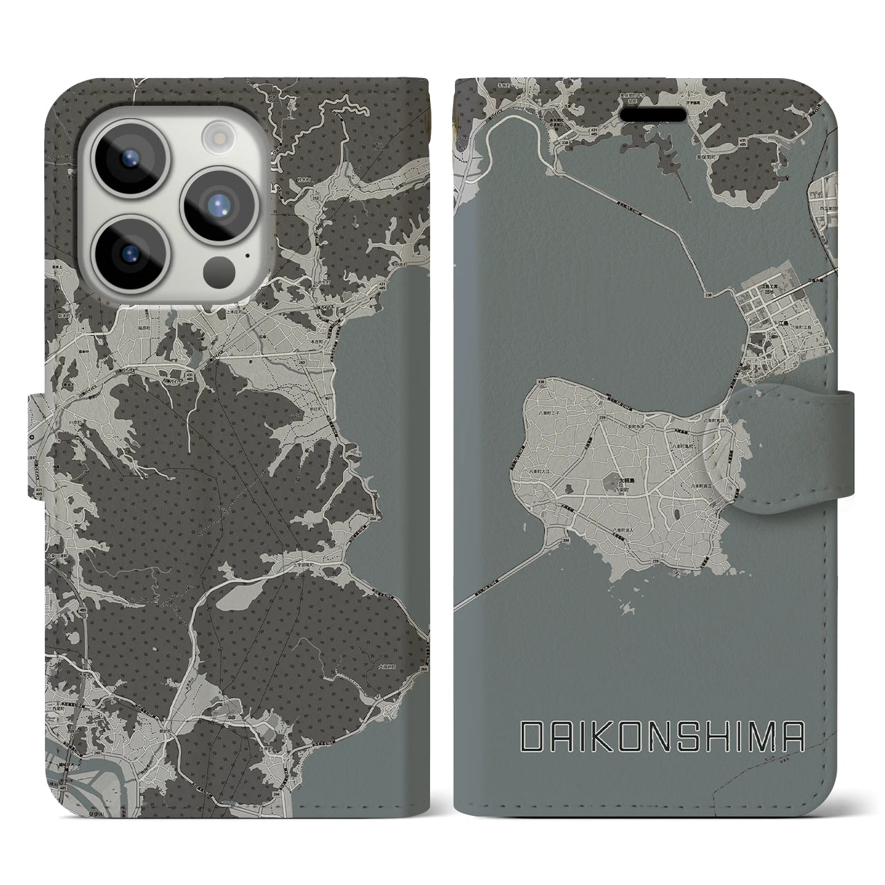 【大根島(島根県)】地図柄iPhoneケース(手帳タイプ)モノトーン・iPhone 15 Pro 用