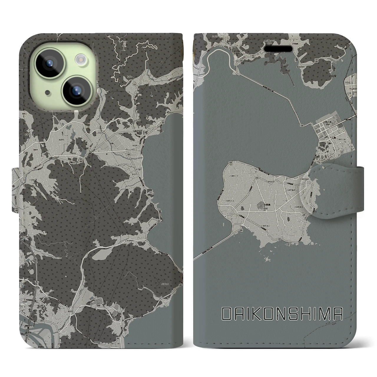 【大根島(島根県)】地図柄iPhoneケース(手帳タイプ)モノトーン・iPhone 15 用