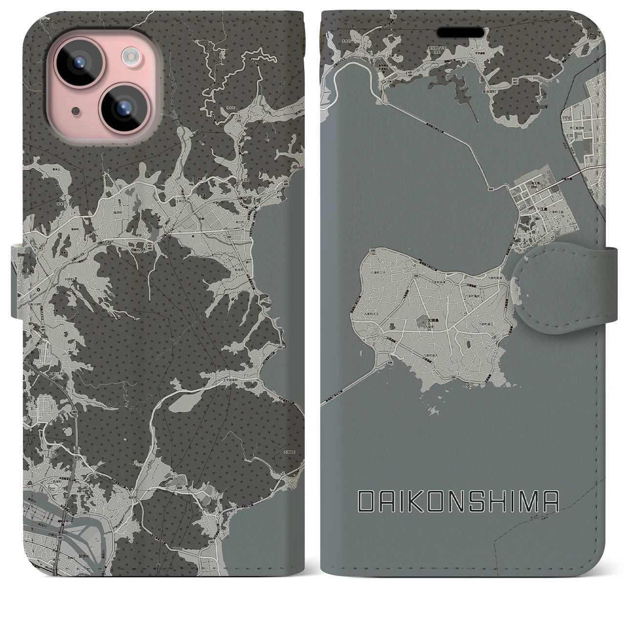 【大根島(島根県)】地図柄iPhoneケース(手帳タイプ)モノトーン・iPhone 15 Plus 用