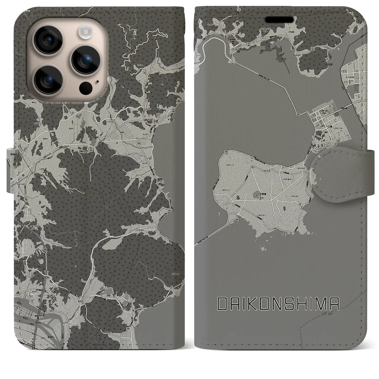 【大根島(島根県)】地図柄iPhoneケース(手帳タイプ)モノトーン・iPhone 16 Plus 用