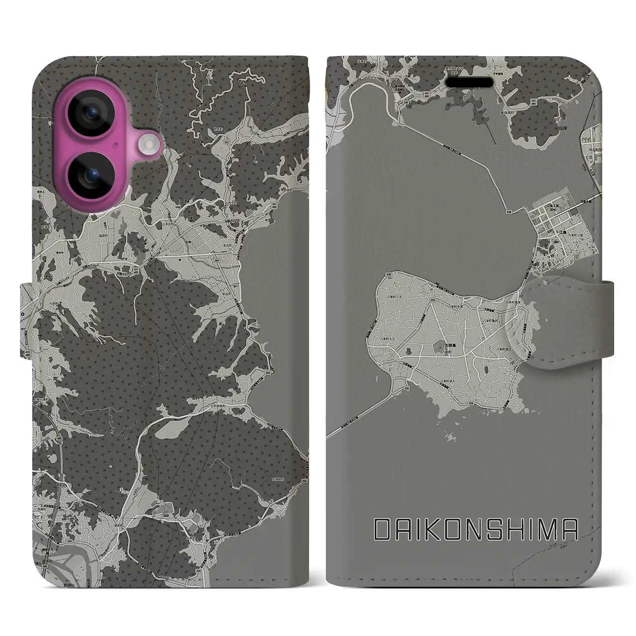 【大根島(島根県)】地図柄iPhoneケース(手帳タイプ)モノトーン・iPhone 16 Pro 用