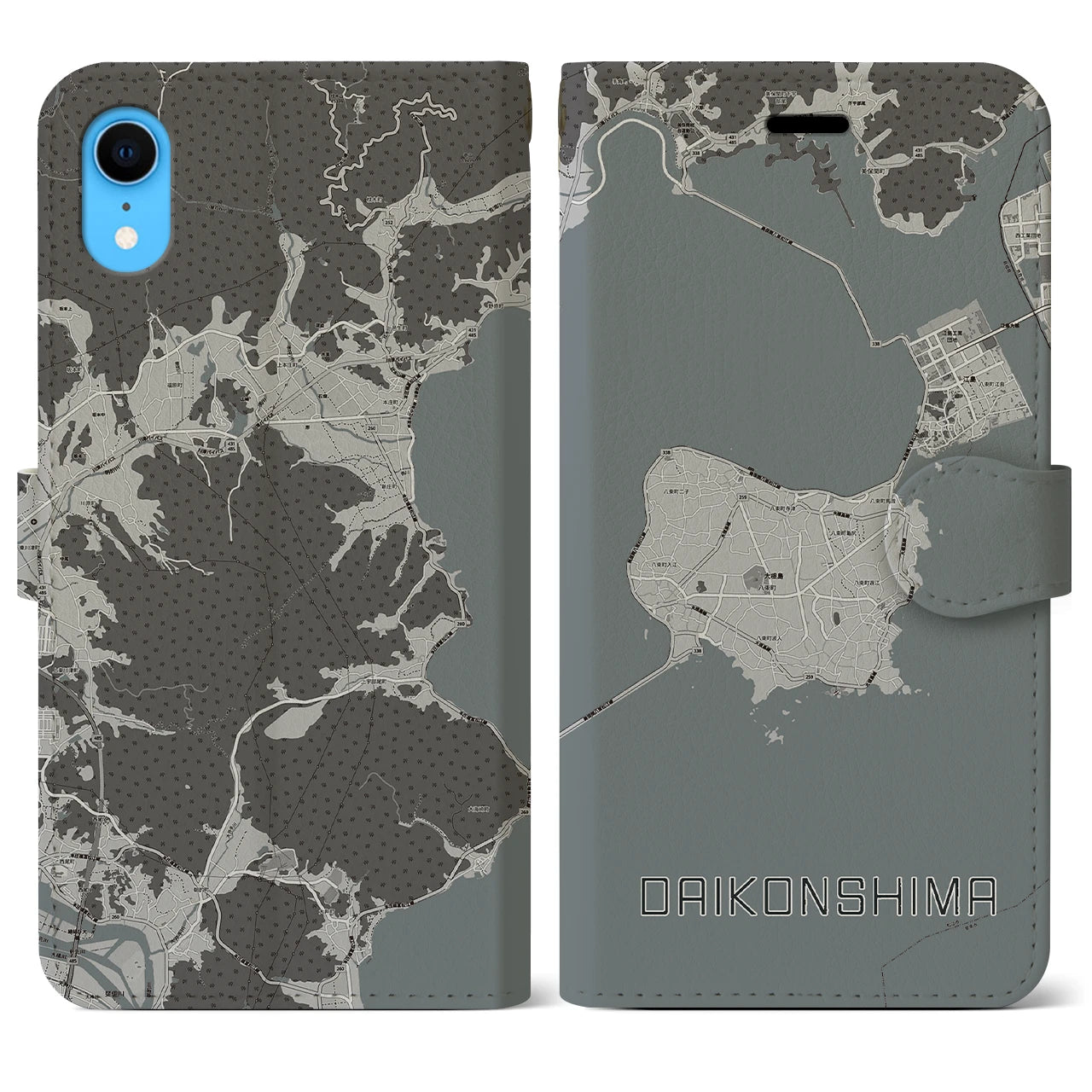 【大根島(島根県)】地図柄iPhoneケース(手帳タイプ)モノトーン・iPhone XR 用