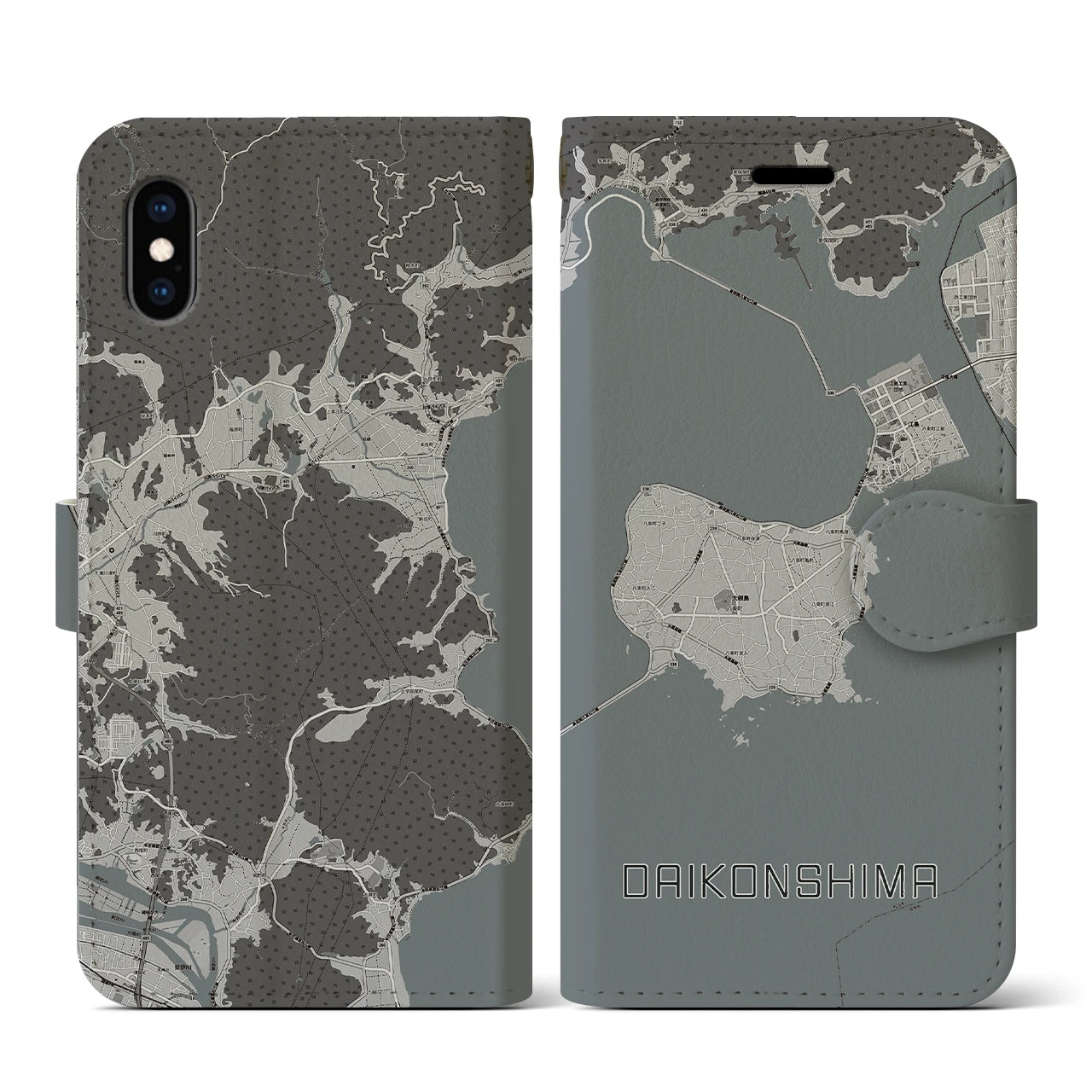 【大根島(島根県)】地図柄iPhoneケース(手帳タイプ)モノトーン・iPhone XS / X 用