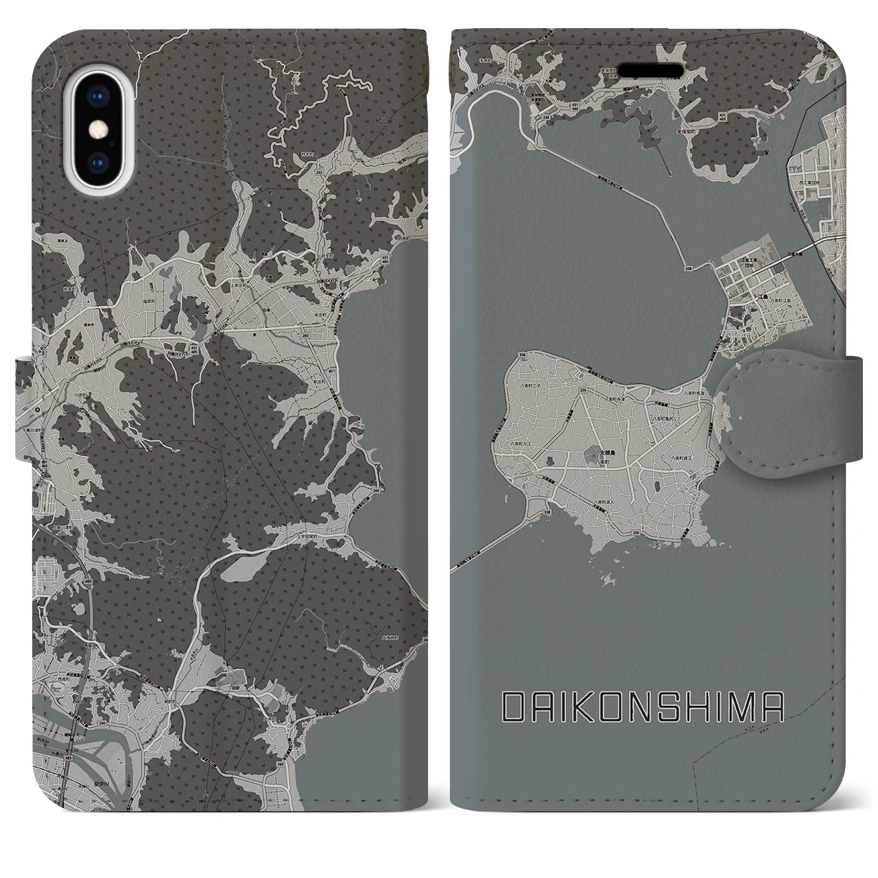 【大根島(島根県)】地図柄iPhoneケース(手帳タイプ)モノトーン・iPhone XS Max 用