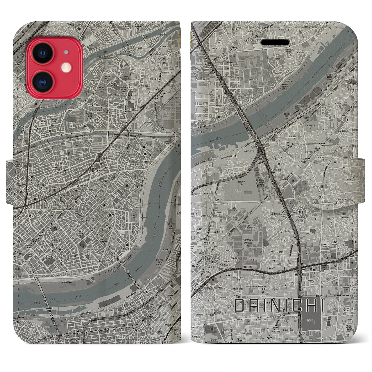 【大日(大阪府)】地図柄iPhoneケース(手帳タイプ)モノトーン・iPhone 11 用