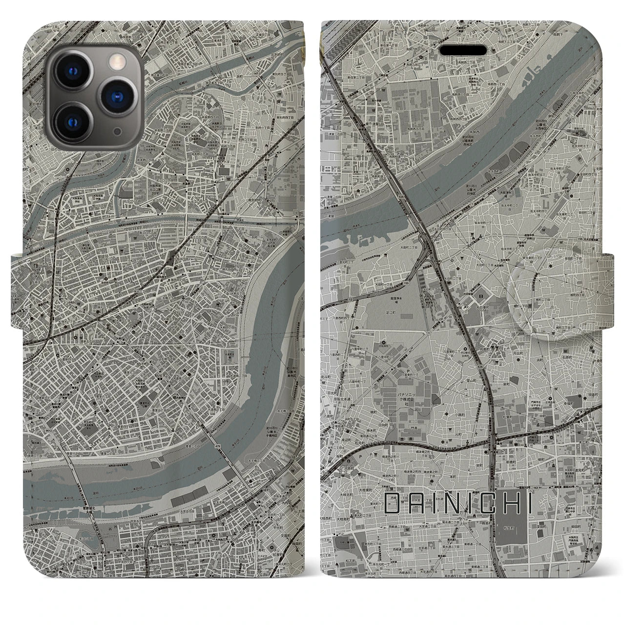 【大日(大阪府)】地図柄iPhoneケース(手帳タイプ)モノトーン・iPhone 11 Pro Max 用