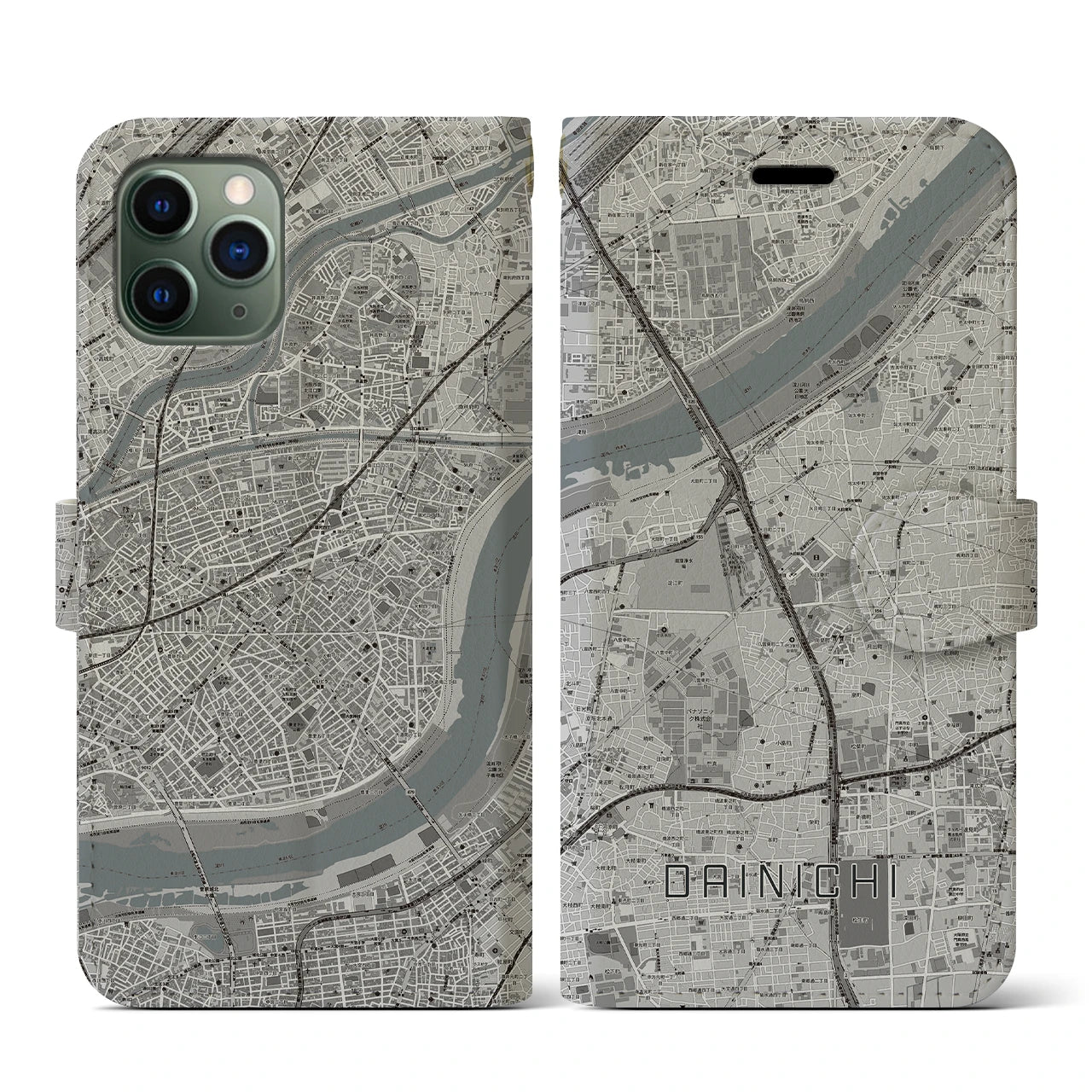 【大日(大阪府)】地図柄iPhoneケース(手帳タイプ)モノトーン・iPhone 11 Pro 用