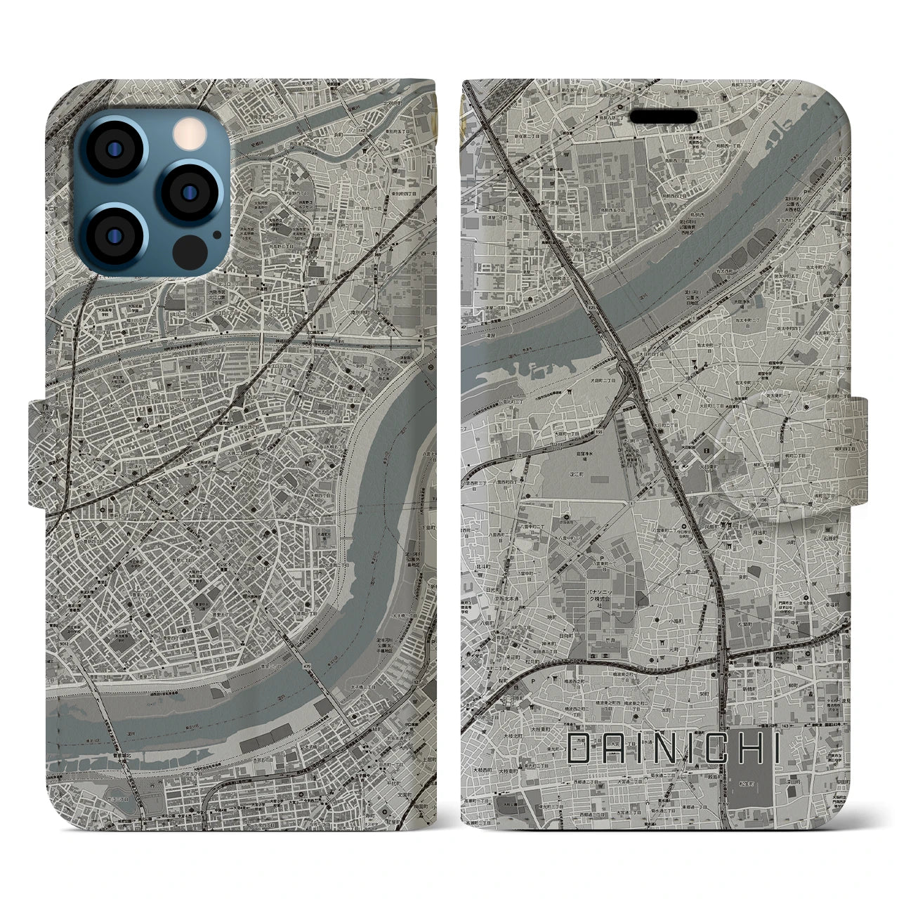 【大日(大阪府)】地図柄iPhoneケース(手帳タイプ)モノトーン・iPhone 12 / 12 Pro 用