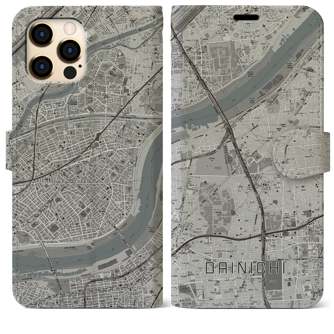 【大日(大阪府)】地図柄iPhoneケース(手帳タイプ)モノトーン・iPhone 12 Pro Max 用