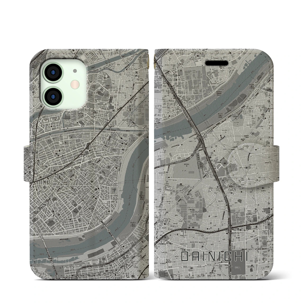 【大日(大阪府)】地図柄iPhoneケース(手帳タイプ)モノトーン・iPhone 12 mini 用