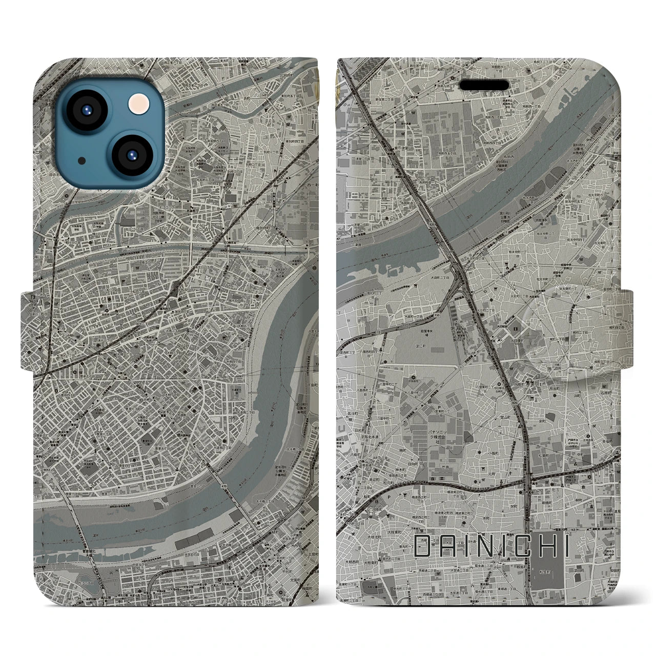 【大日(大阪府)】地図柄iPhoneケース(手帳タイプ)モノトーン・iPhone 13 用