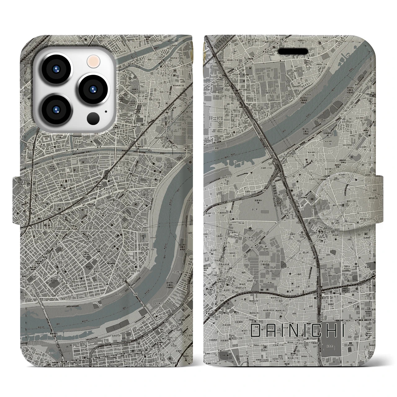 【大日(大阪府)】地図柄iPhoneケース(手帳タイプ)モノトーン・iPhone 13 Pro 用