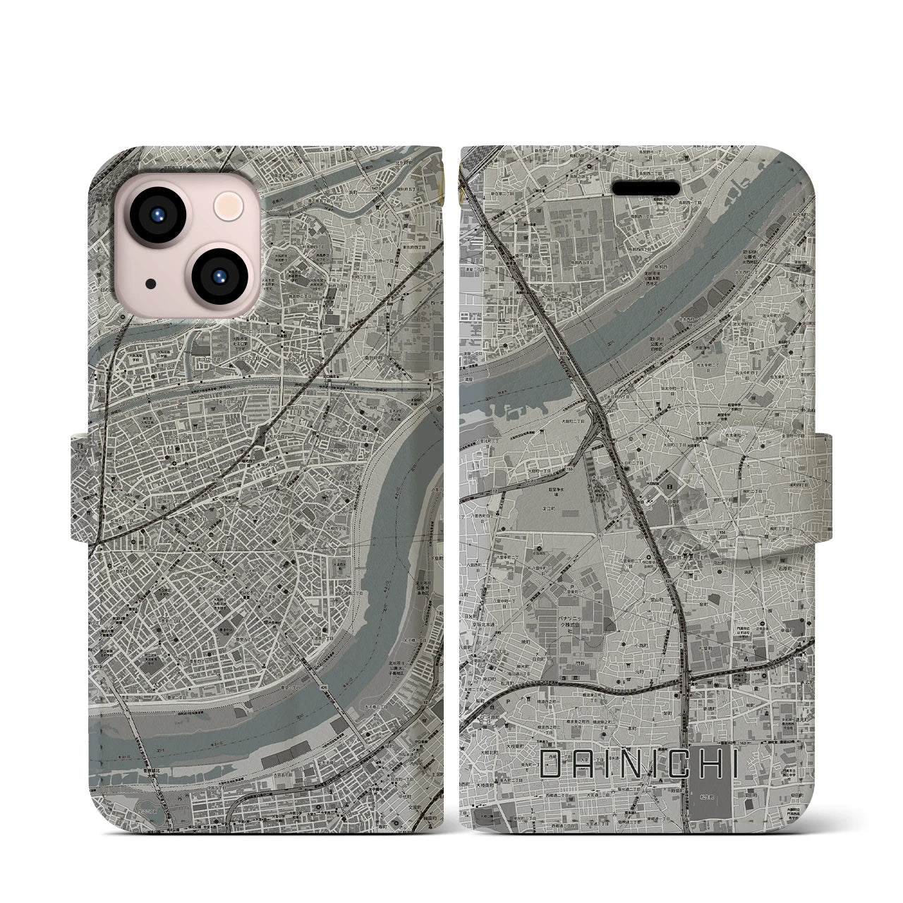 【大日(大阪府)】地図柄iPhoneケース(手帳タイプ)モノトーン・iPhone 13 mini 用