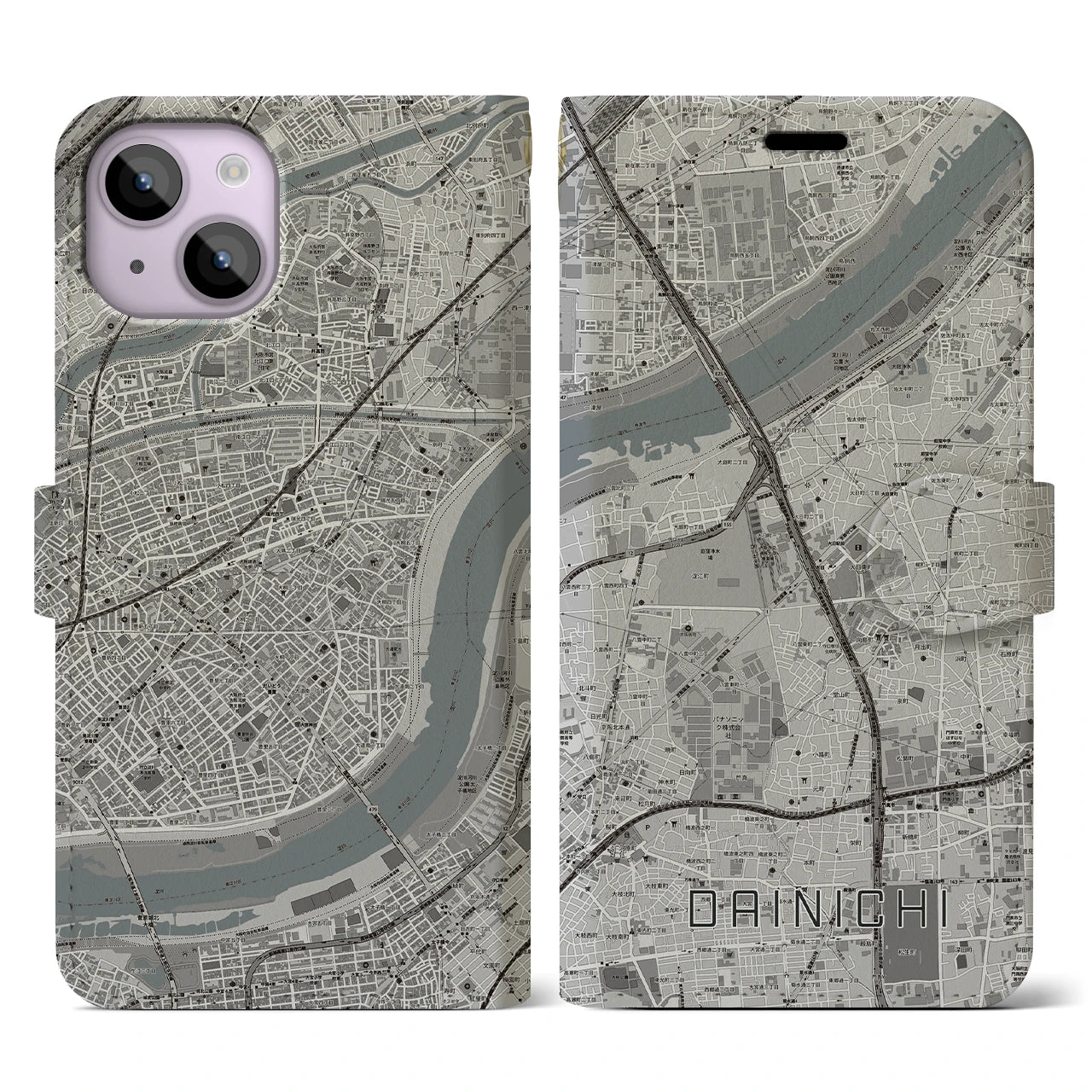 【大日(大阪府)】地図柄iPhoneケース(手帳タイプ)モノトーン・iPhone 14 用