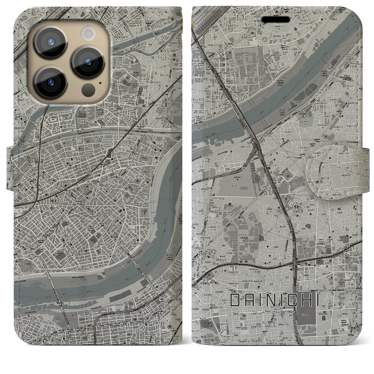 【大日(大阪府)】地図柄iPhoneケース(手帳タイプ)モノトーン・iPhone 14 Pro Max 用