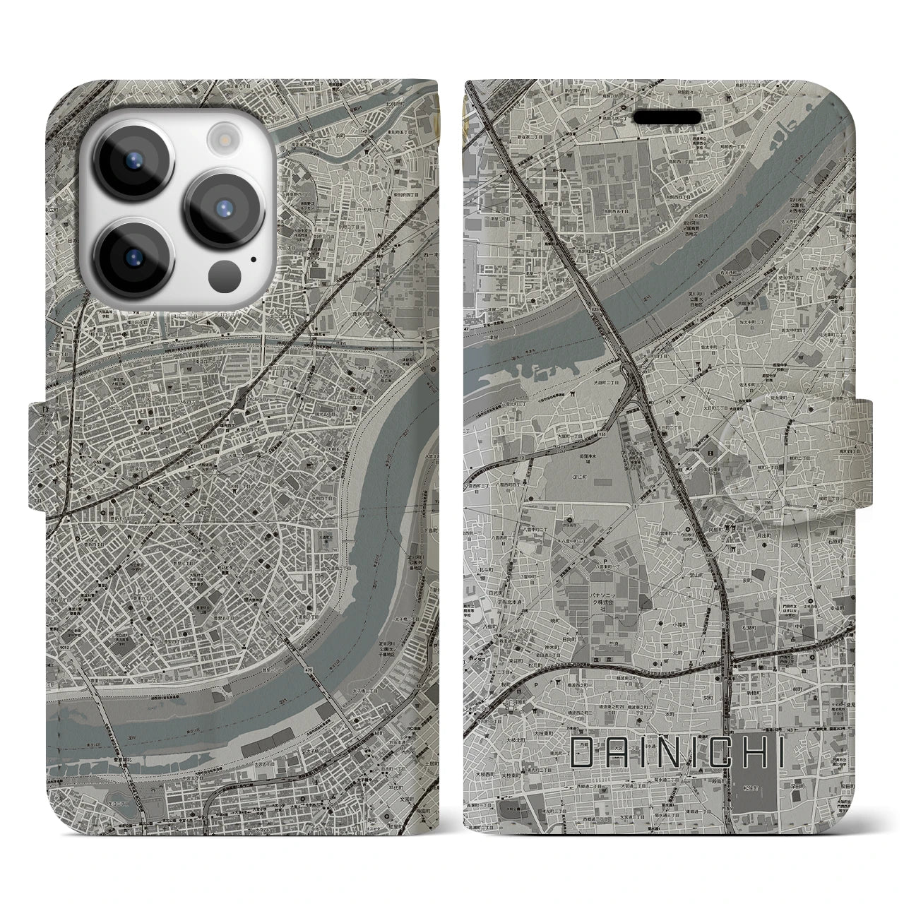【大日(大阪府)】地図柄iPhoneケース(手帳タイプ)モノトーン・iPhone 14 Pro 用
