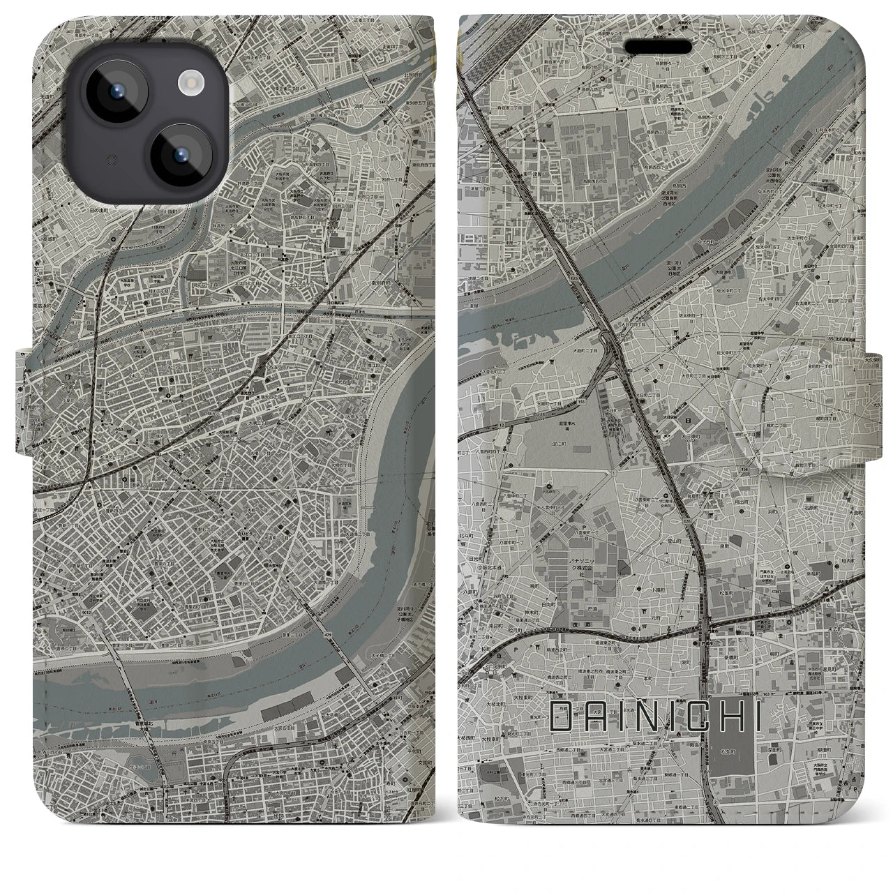 【大日(大阪府)】地図柄iPhoneケース(手帳タイプ)モノトーン・iPhone 14 Plus 用