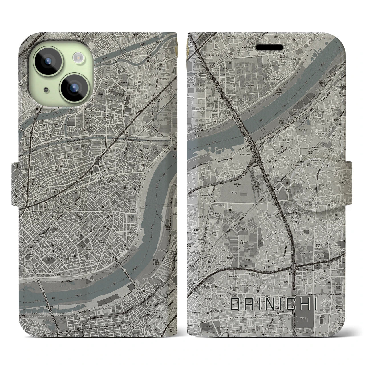 【大日(大阪府)】地図柄iPhoneケース(手帳タイプ)モノトーン・iPhone 15 用
