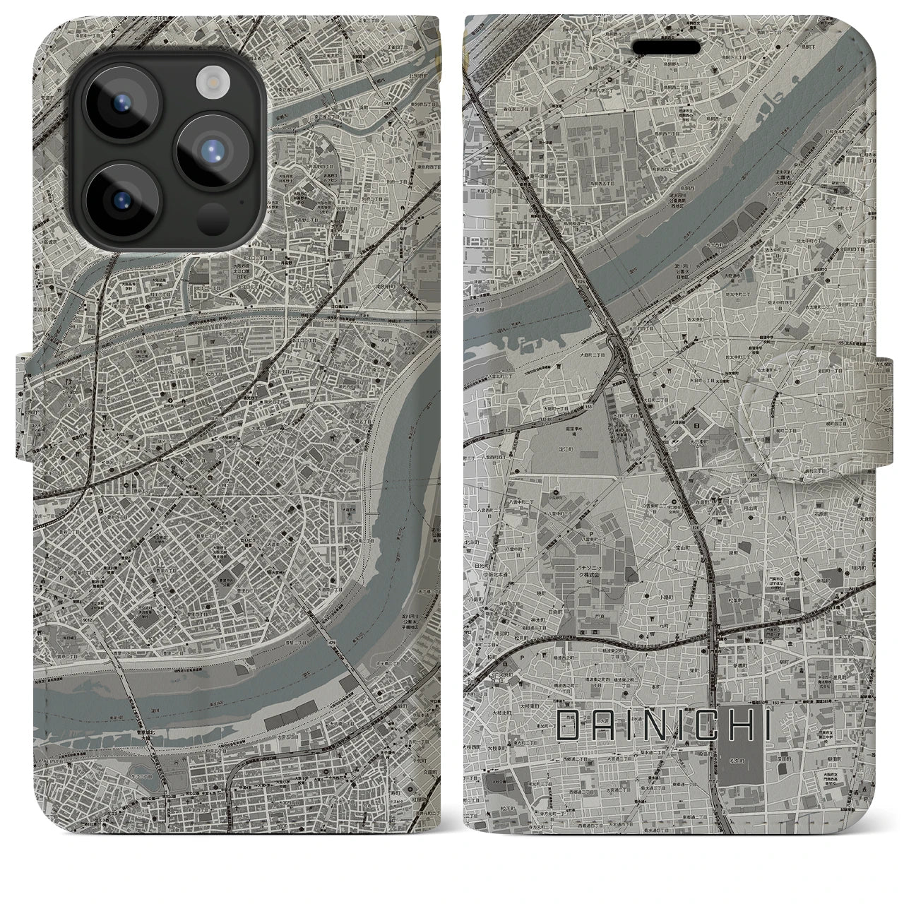 【大日(大阪府)】地図柄iPhoneケース(手帳タイプ)モノトーン・iPhone 15 Pro Max 用