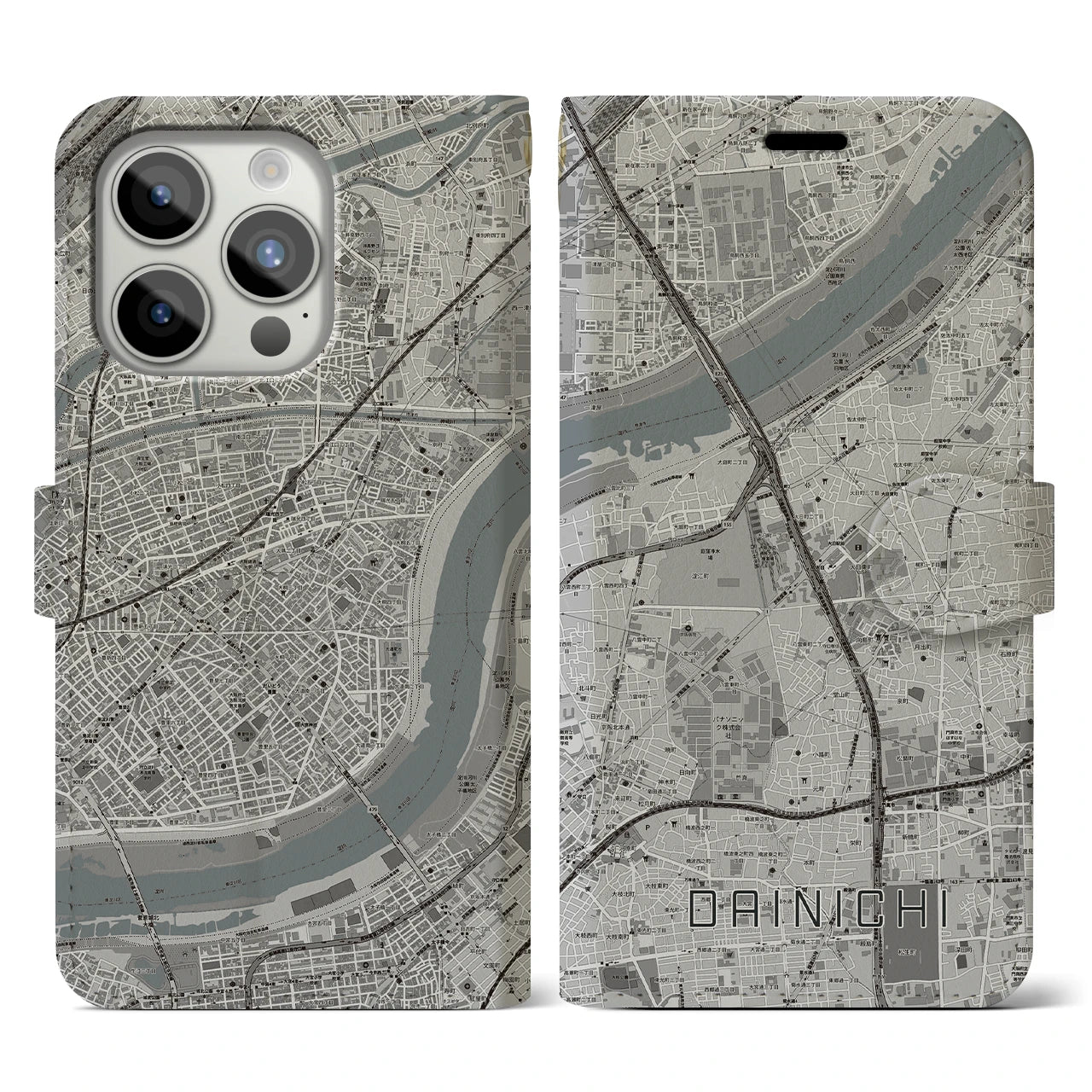 【大日(大阪府)】地図柄iPhoneケース(手帳タイプ)モノトーン・iPhone 15 Pro 用