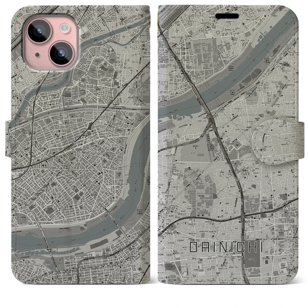 【大日(大阪府)】地図柄iPhoneケース(手帳タイプ)モノトーン・iPhone 15 Plus 用
