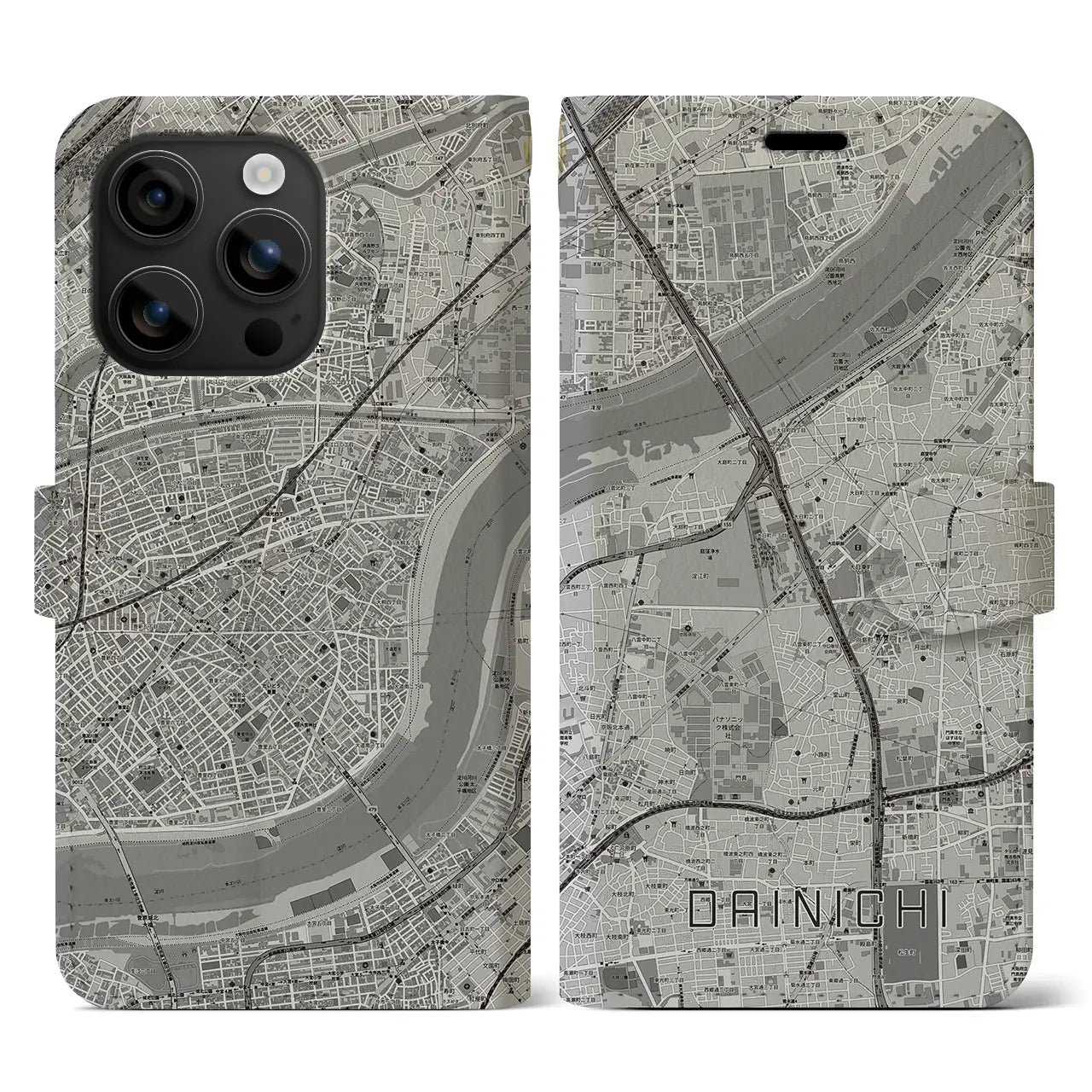 【大日(大阪府)】地図柄iPhoneケース(手帳タイプ)モノトーン・iPhone 16 用