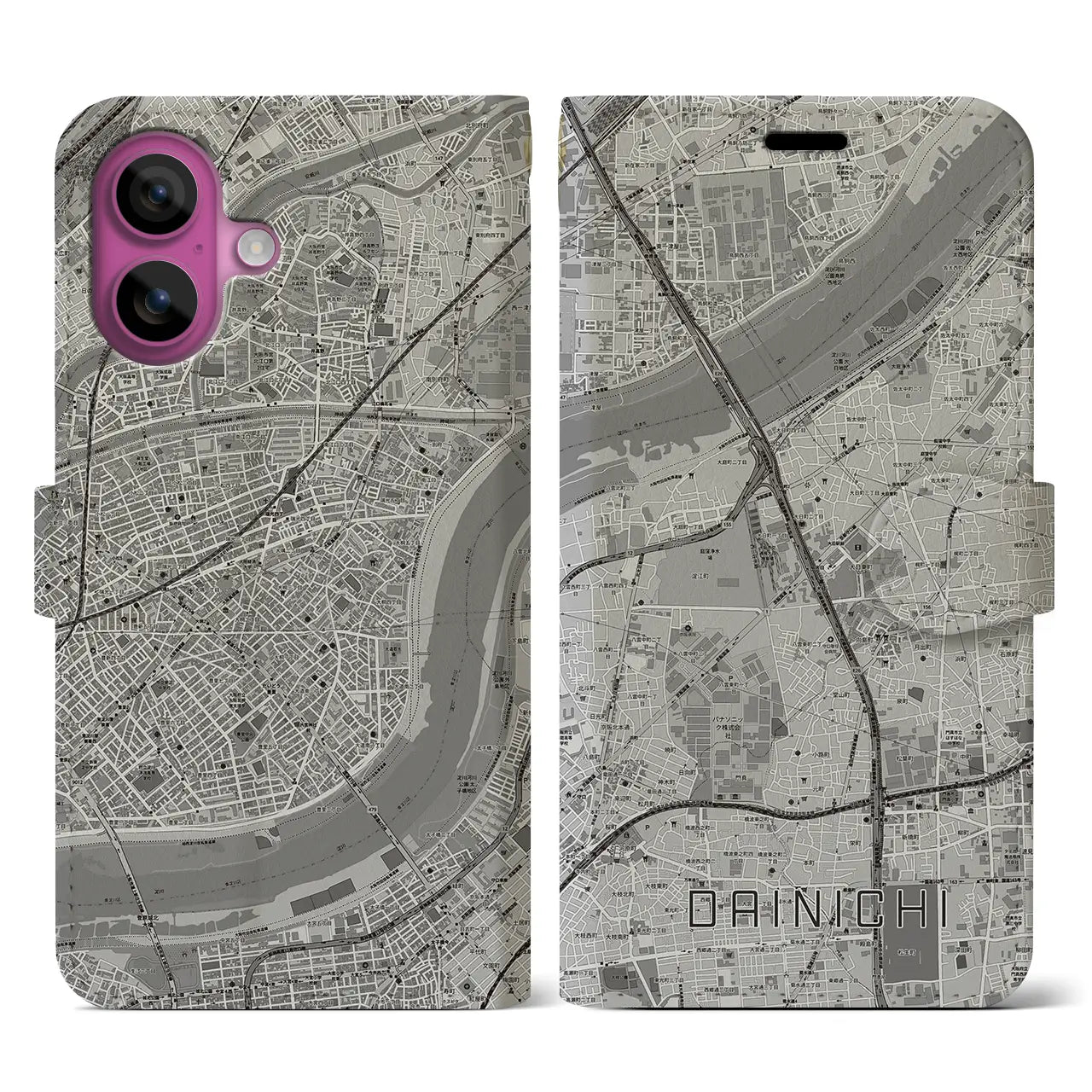 【大日(大阪府)】地図柄iPhoneケース(手帳タイプ)モノトーン・iPhone 16 Pro 用