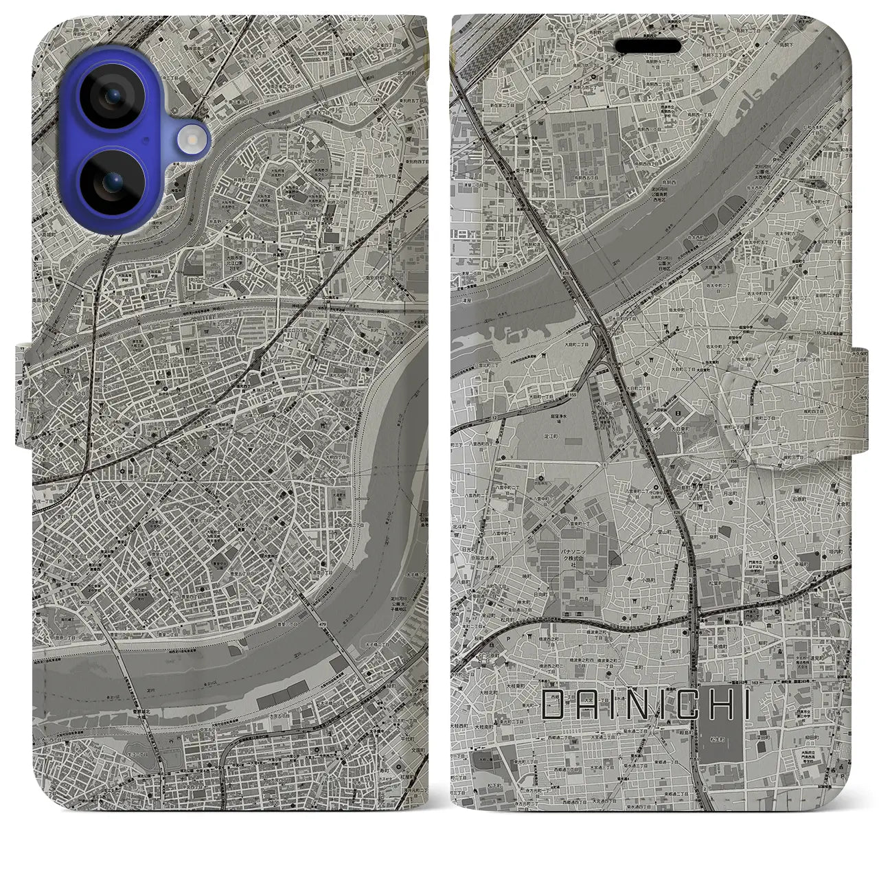 【大日(大阪府)】地図柄iPhoneケース(手帳タイプ)モノトーン・iPhone 16 Pro Max 用