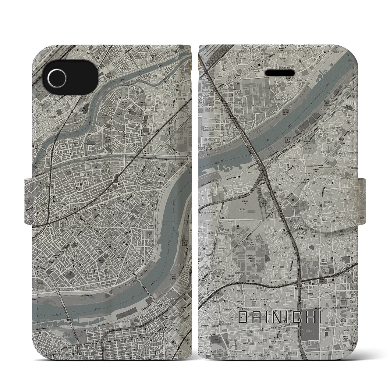 【大日(大阪府)】地図柄iPhoneケース(手帳タイプ)モノトーン・iPhone SE(第3 / 第2世代) / 8 / 7 / 6s / 6 用