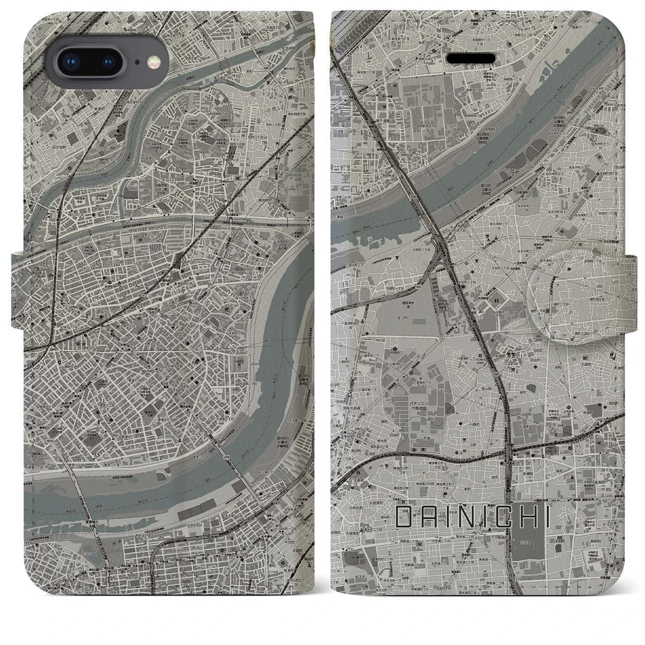 【大日(大阪府)】地図柄iPhoneケース(手帳タイプ)モノトーン・iPhone 8Plus /7Plus / 6sPlus / 6Plus 用