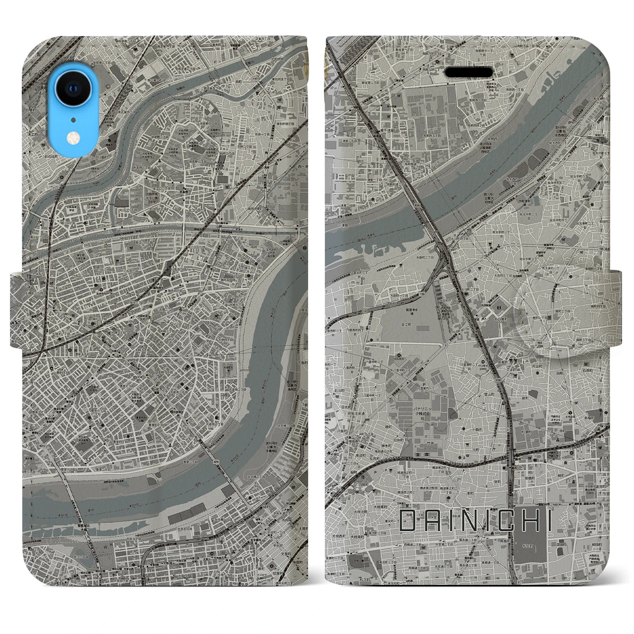 【大日(大阪府)】地図柄iPhoneケース(手帳タイプ)モノトーン・iPhone XR 用