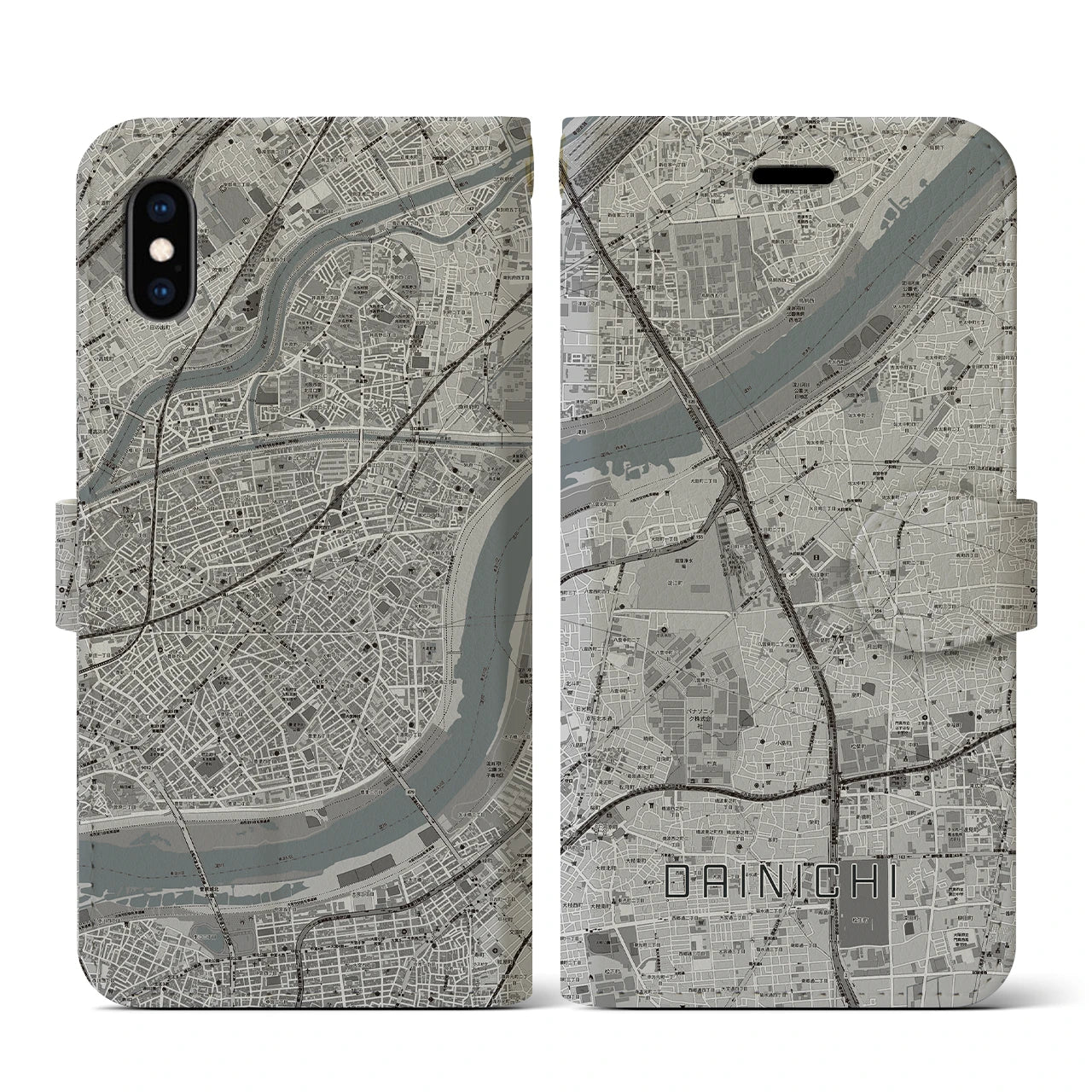 【大日(大阪府)】地図柄iPhoneケース(手帳タイプ)モノトーン・iPhone XS / X 用