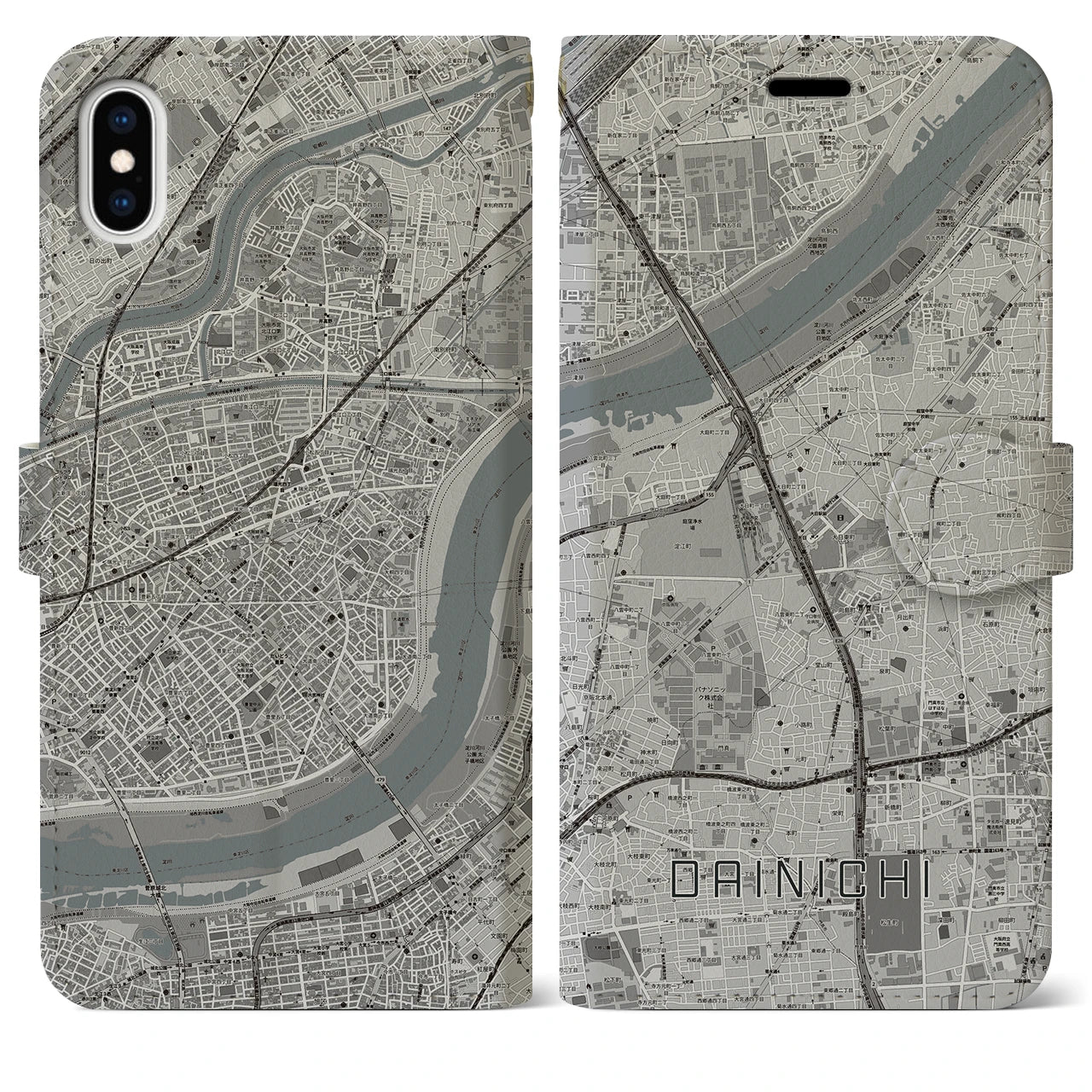 【大日(大阪府)】地図柄iPhoneケース(手帳タイプ)モノトーン・iPhone XS Max 用